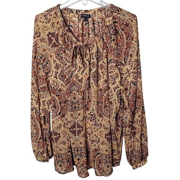 Torrid 3 Women 3x Gold Red Floral Print Crinkle Chiffon Raglan Tie Front Blouse - Picture 2 of 6